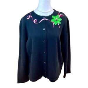 Holiday Sweatshirt Cardigan Black Cotton Christmas Poinsettia (L)